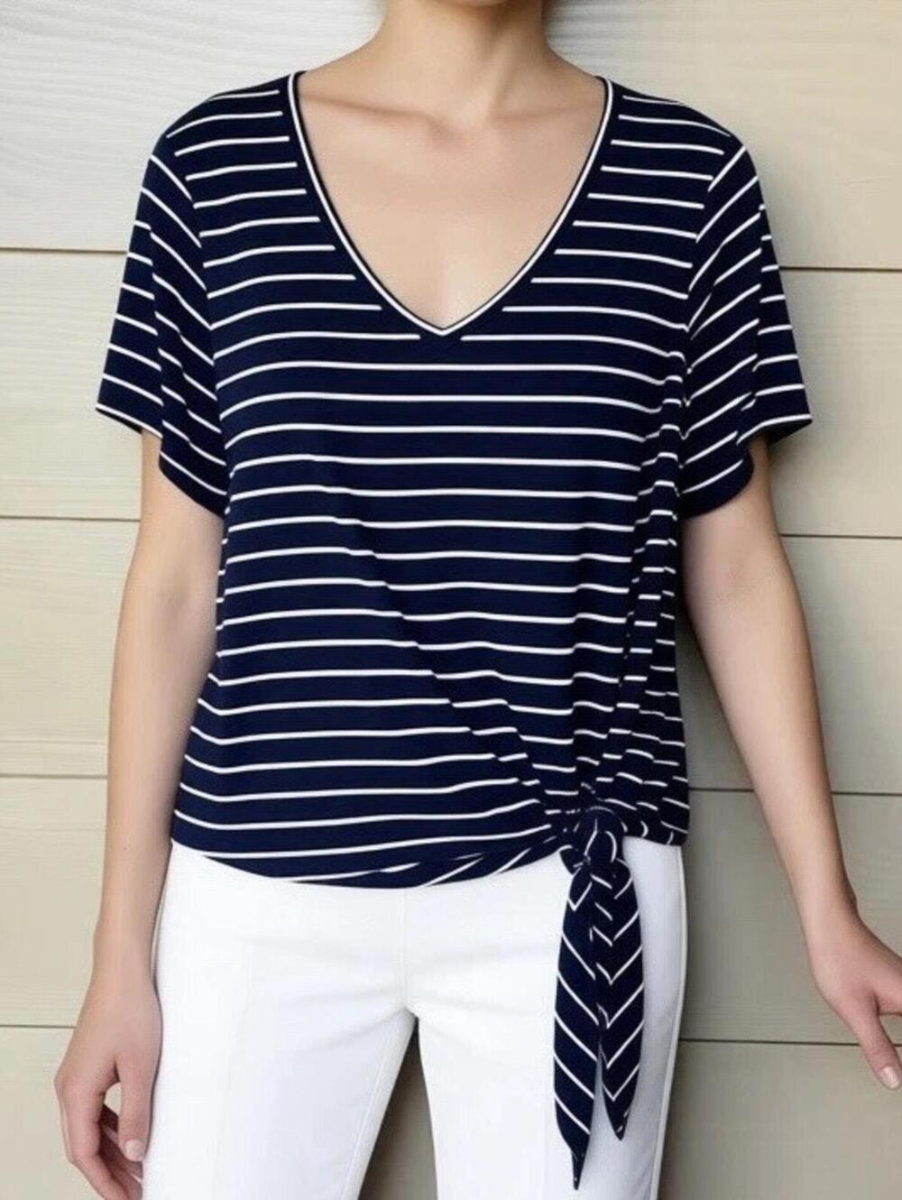 Matty M Women’s Blue/White Strip V-Neck Tie Front Side Size L